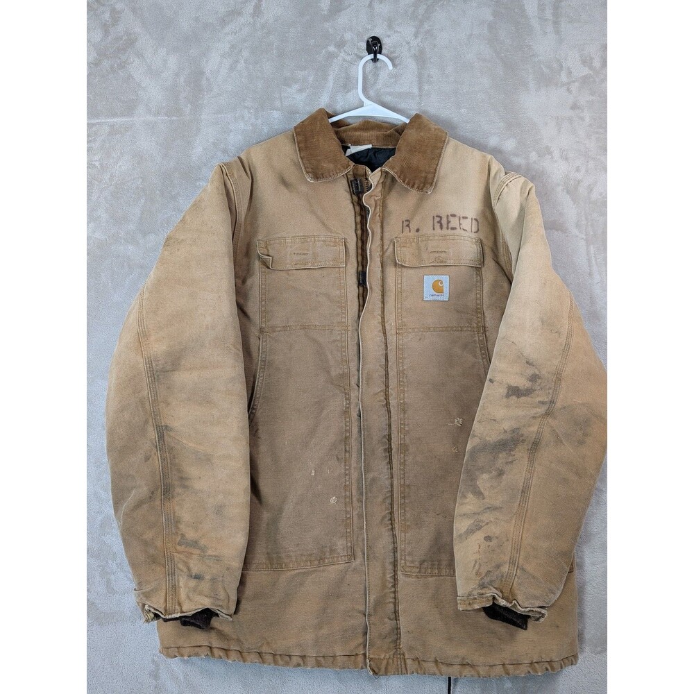 Vintage Carhartt Canvas Work Jacket Men's L/XL Tan Quilted Lined Corduroy Collar
